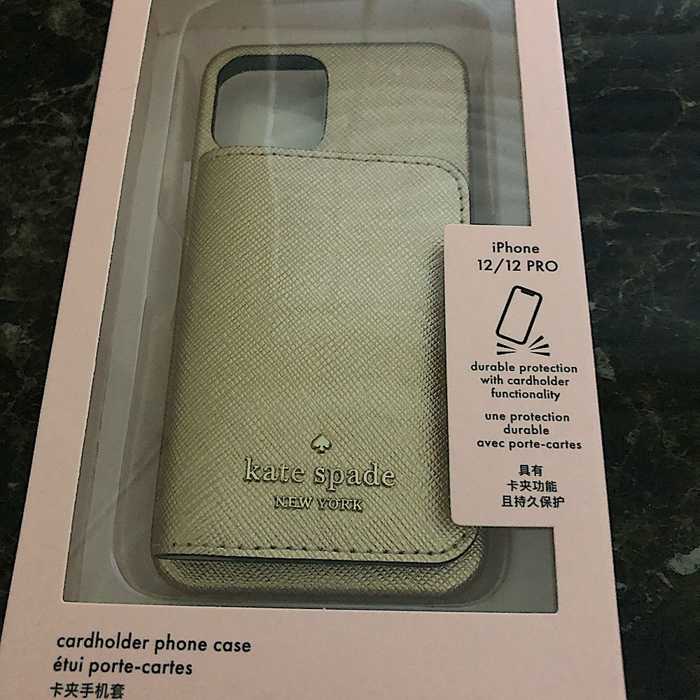 NWT shimmery gold Kate Spade iPhone 12/12 Pro wallet/phone case. Still in box.